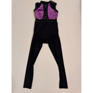 Weissman Purple and Black Mesh Unitard Size MC Medium Child Lined Stones